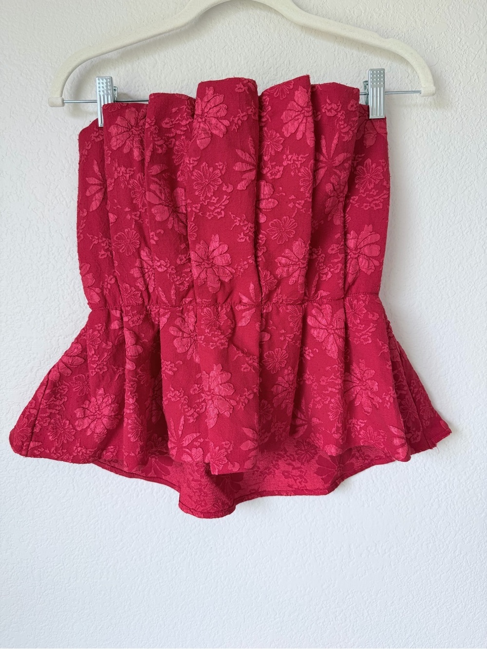 Entro Fuchsia Red Floral Jacquard Strapless Peplum Tube Top Small